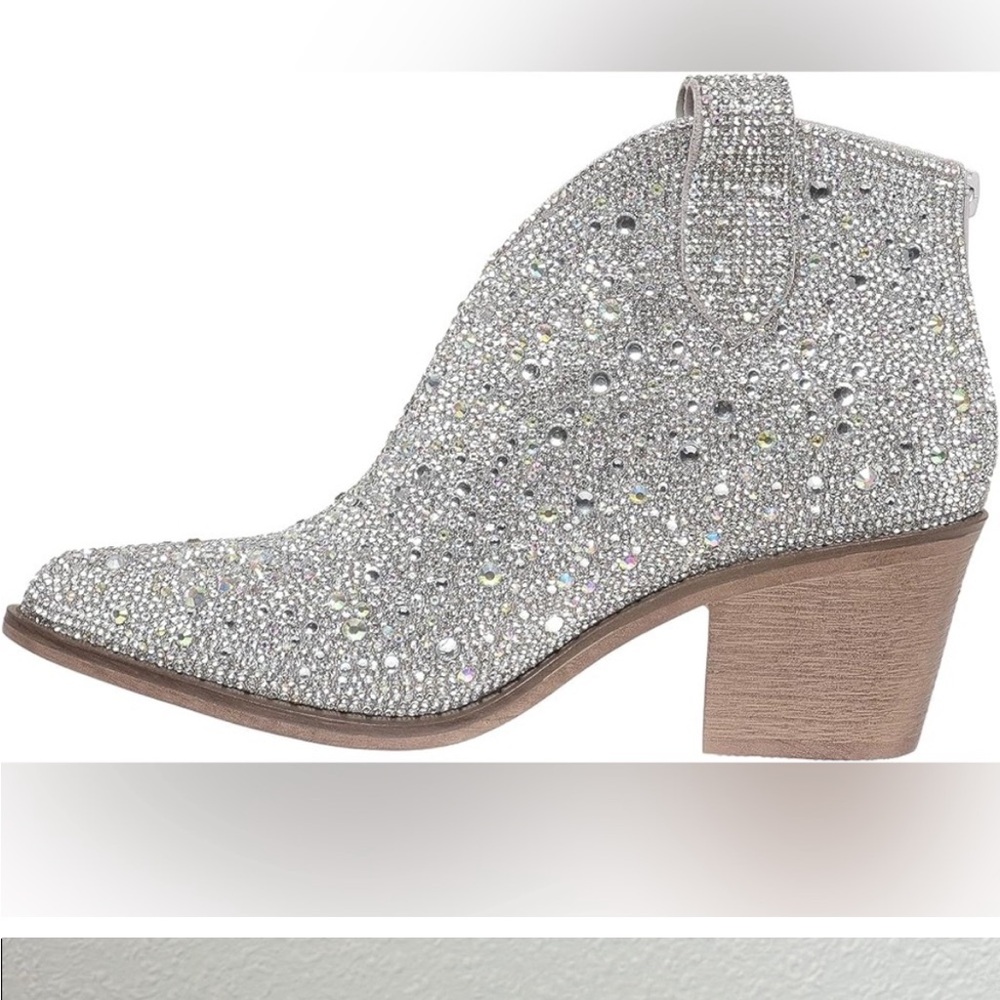 Pierre Dumas Bedazzled silver rhinestone embellished booties.
